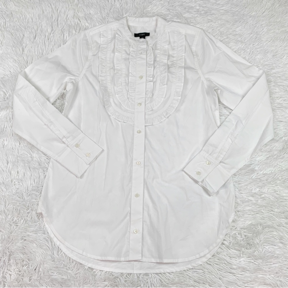 J‎ Crew long sleeve Band-collar ruffle-front tunic shirt in white